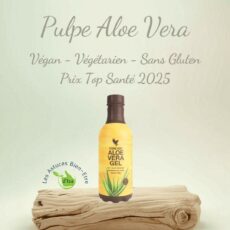 Bouteille de gel d'aloe vera pur à boire de la marque Forever Living, contenant 98,7% de pulpe d'aloe vera, sans conservateur et sans sucre ajouté- certifié végan, végétarien et sans gluten