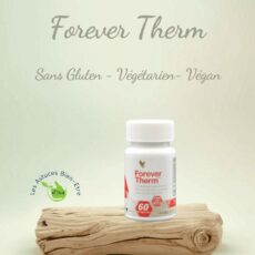 Forever Therm, complément alimentaire à base de thé vert, guarana, café vert et vitamines, végan et sans gluten, posé sur du bois flotté