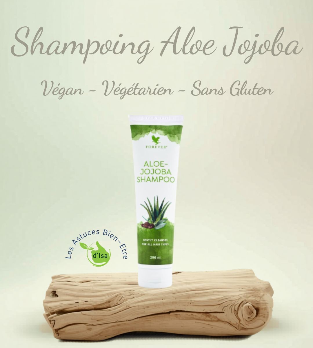 Shampoing Aloe-Jojoba Forever, végan et sans gluten, posé sur du bois flotté
