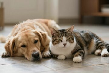 Chien et chat allongés sur un sol frais pour se protéger de la chaleur en été