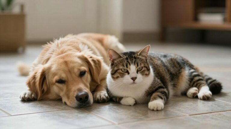 Chien et chat allongés sur un sol frais pour se protéger de la chaleur en été