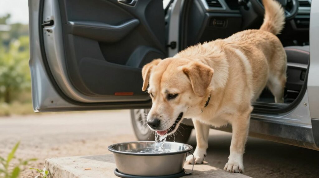 Chien buvant de l'eau pendant une pause en voiture par forte chaleur