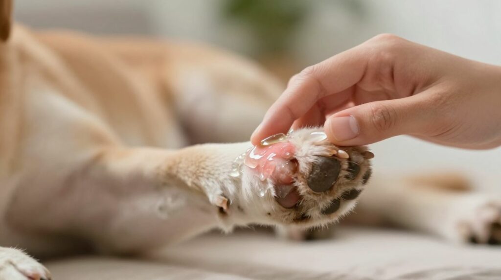 Application de gelée d'aloès sur un coussinet irrité d'un chien