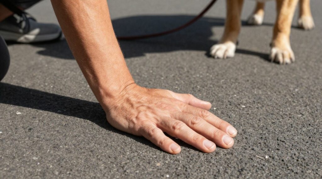 Test de la main sur le bitume pour vérifier la température avant une promenade avec son chien
