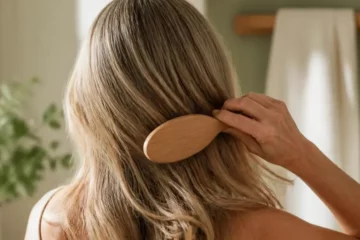 Avoir une belle chevelure : femme brossant doucement ses cheveux brillants dans une salle de bain lumineuse