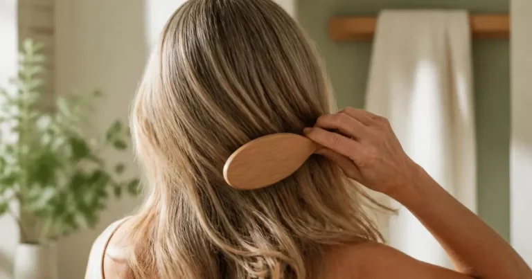 Avoir une belle chevelure : femme brossant doucement ses cheveux brillants dans une salle de bain lumineuse