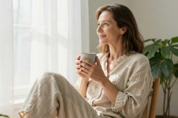 Rentrée zen : femme sereine savourant une infusion près de la fenêtre
