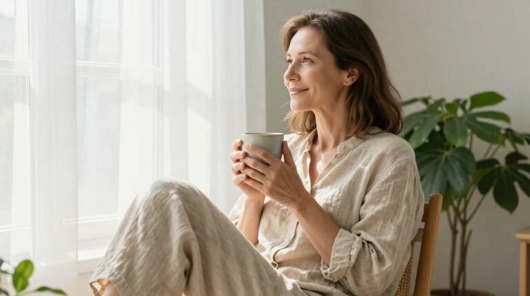 Rentrée zen : femme sereine savourant une infusion près de la fenêtre