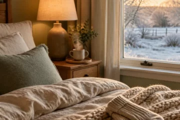 Bien dormir en hiver : chambre cocooning avec lampe de chevet, tisane fumante, plaid en laine et fenêtre givrée