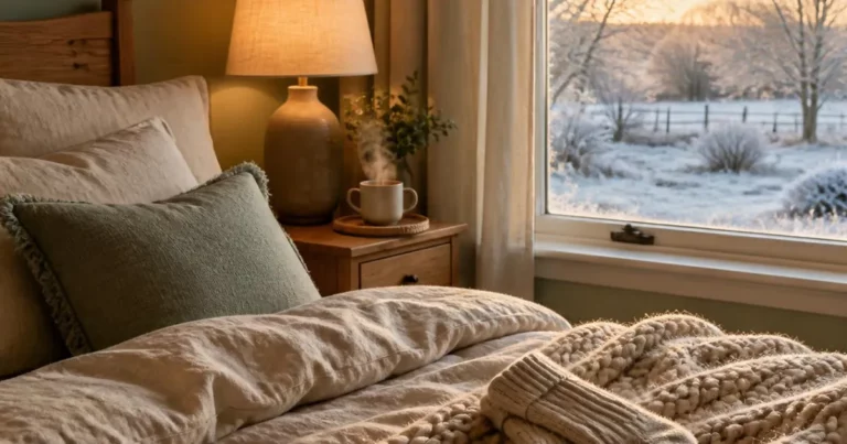 Bien dormir en hiver : chambre cocooning avec lampe de chevet, tisane fumante, plaid en laine et fenêtre givrée