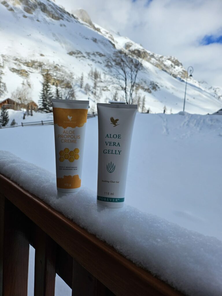 Duo de soins naturels composé d’une crème à la propolis et d’un gel d’aloe vera, posés sur un fond enneigé. Ce duo bien-être est idéal pour hydrater, apaiser et protéger la peau du froid pendant les journées de ski.