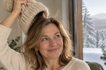 Cheveux électriques en hiver : femme souriante retirant son bonnet en laine devant une fenêtre enneigée