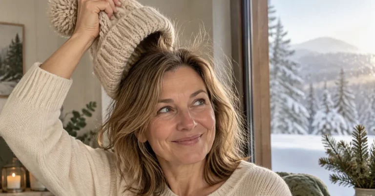 Cheveux électriques en hiver : femme souriante retirant son bonnet en laine devant une fenêtre enneigée