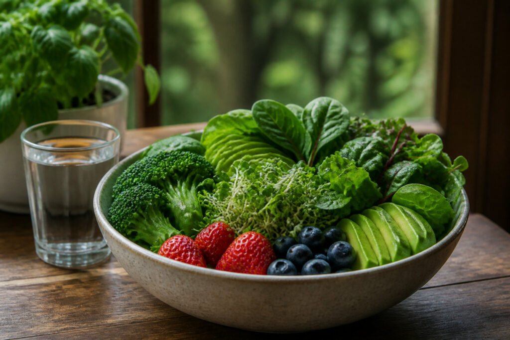 Assiette de salade, avocat, choux verts accompagnés de fruits rouges