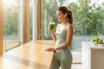 Femme radieuse savourant un smoothie vert qui prend soin de sa silhouette