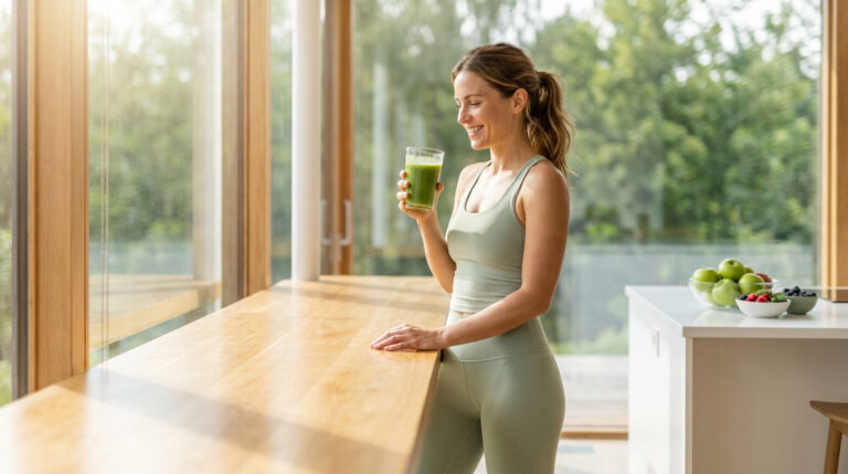 Femme radieuse savourant un smoothie vert qui prend soin de sa silhouette