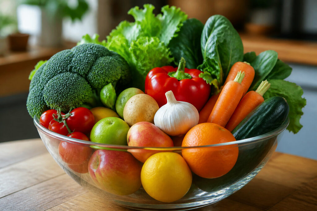 Coupelle pleine de fruits et légumes bons pour une détox
