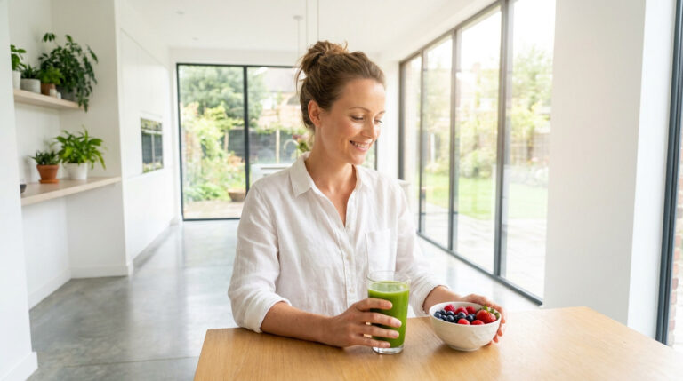 Femme souriante qui prend un jus vert et des baies pour une meilleure vitalité