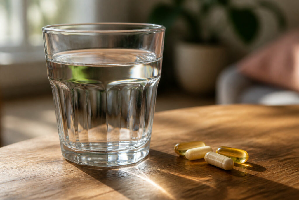 Verre d'eau avec des suppléments alimentaires en gélules