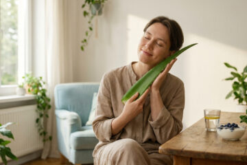 Feuille d'aloe vera tenue par une femme apaisée, solution naturelle contre la constipation nerveuse