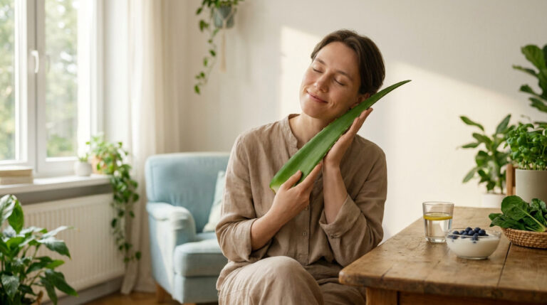 Feuille d'aloe vera tenue par une femme apaisée, solution naturelle contre la constipation nerveuse