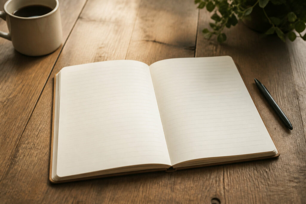 Carnet ouvert avec café et stylo pour noter ses symptômes de périménopause