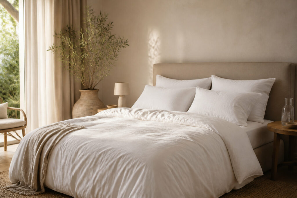 Chambre fraîche avec draps blancs en coton pour mieux dormir pendant la périménopause