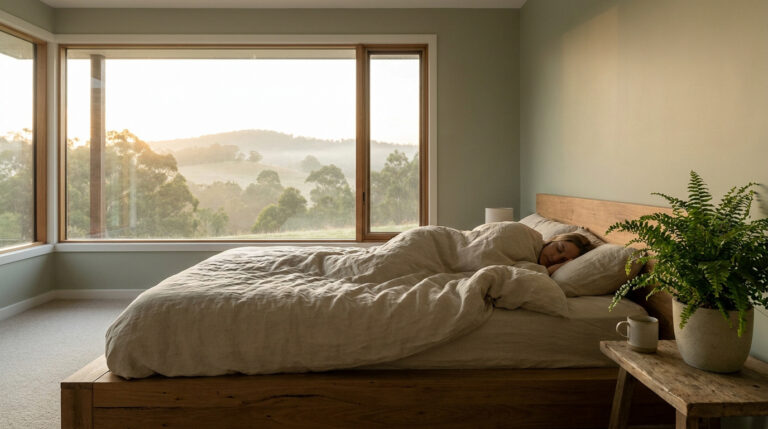 Femme endormie paisiblement au lever du soleil dans une chambre lumineuse et apaisante