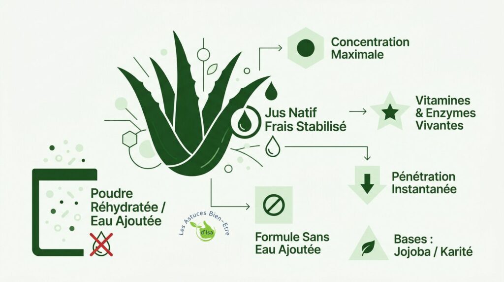 crème visage aloe vera, jus natif frais vs poudre réhydratée, infographie