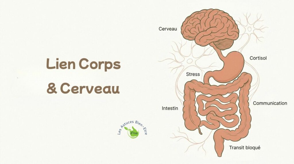 Illustration de l'axe intestin-cerveau expliquant la constipation liée au stress
