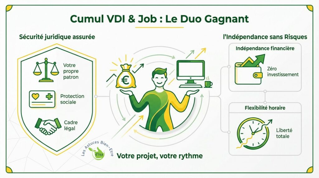 Infographie résumant les avantages du cumul VDI Forever Living et de l'emploi salarié