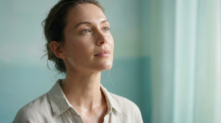 Femme sereine qui a une peau éclatante et une beauté naturelle