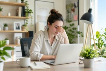Femme aux yeux fatigués se frottant le visage devant son ordinateur portable en télétravail