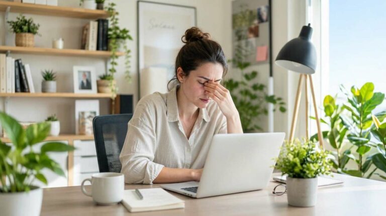 Femme aux yeux fatigués se frottant le visage devant son ordinateur portable en télétravail