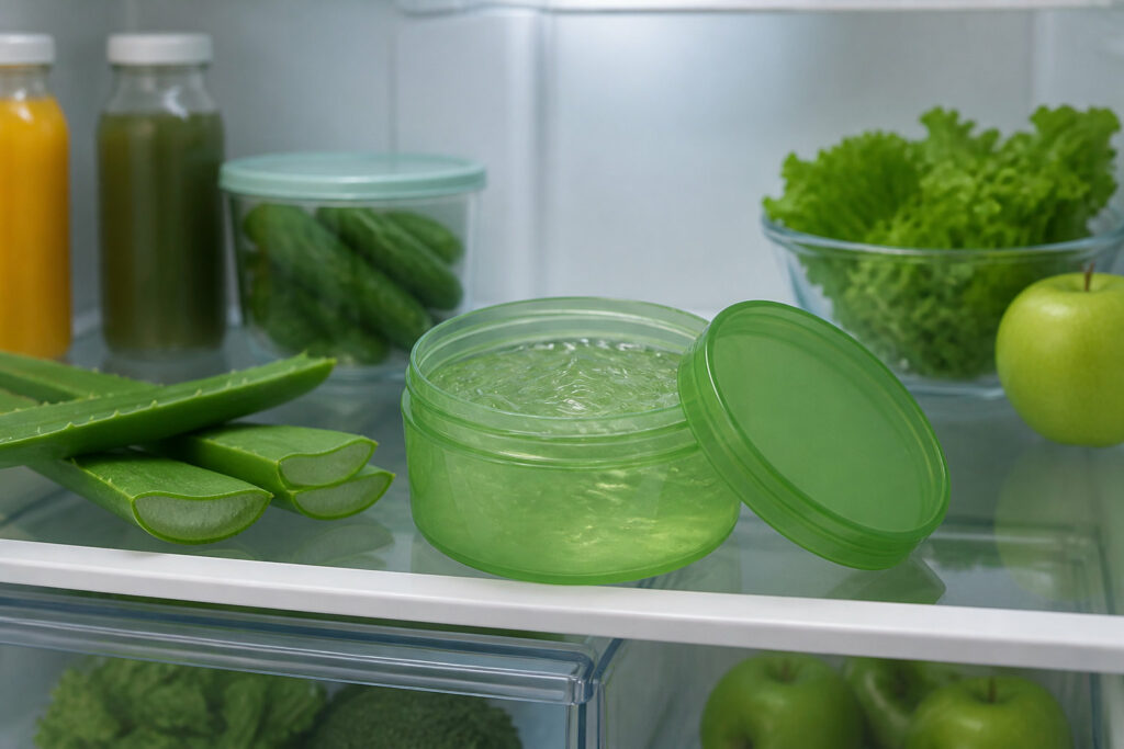 gel d'aloe vera et légumes dans un frigo pour une meilleure conservation