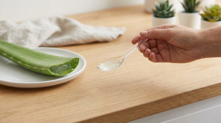 gel d'aloe vera dans une cuillère pour prendre soin de sa santé digestive