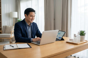 Homme d'affaires travaillant sur son ordinateur portable à domicile, avec des produits de soin Forever Living posés sur le bureau, symbole du cumul entre job salarié et activité VDI