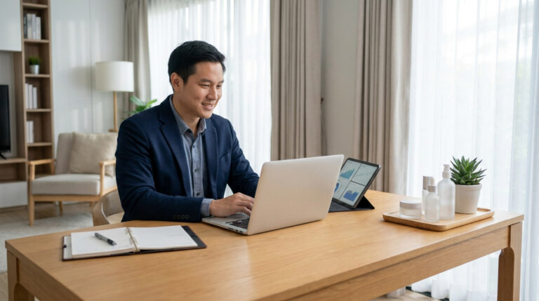 Homme d'affaires travaillant sur son ordinateur portable à domicile, avec des produits de soin Forever Living posés sur le bureau, symbole du cumul entre job salarié et activité VDI