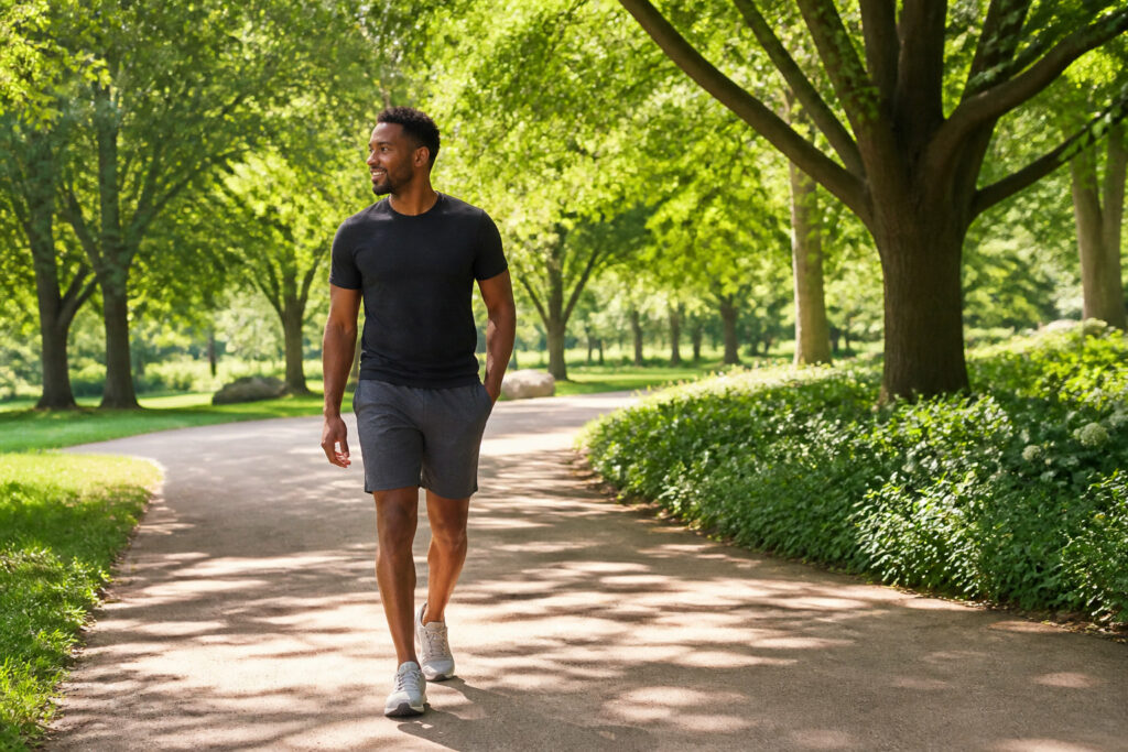 Homme souriant qui marche sous les  arbres