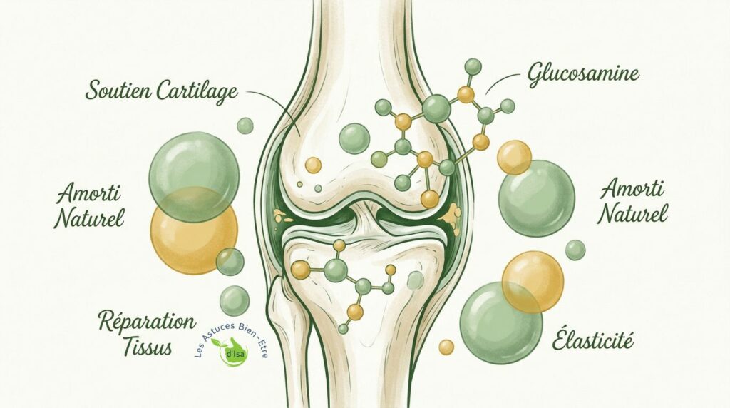 Illustration d'une articulation saine et de ses composants avec de la glucosamine