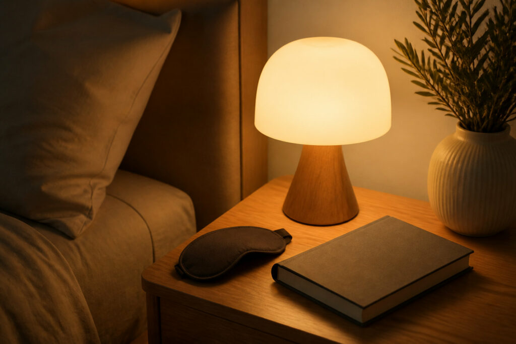 Lampe tamisée, masque et livre sur une table de nuit, rituel du soir apaisant
