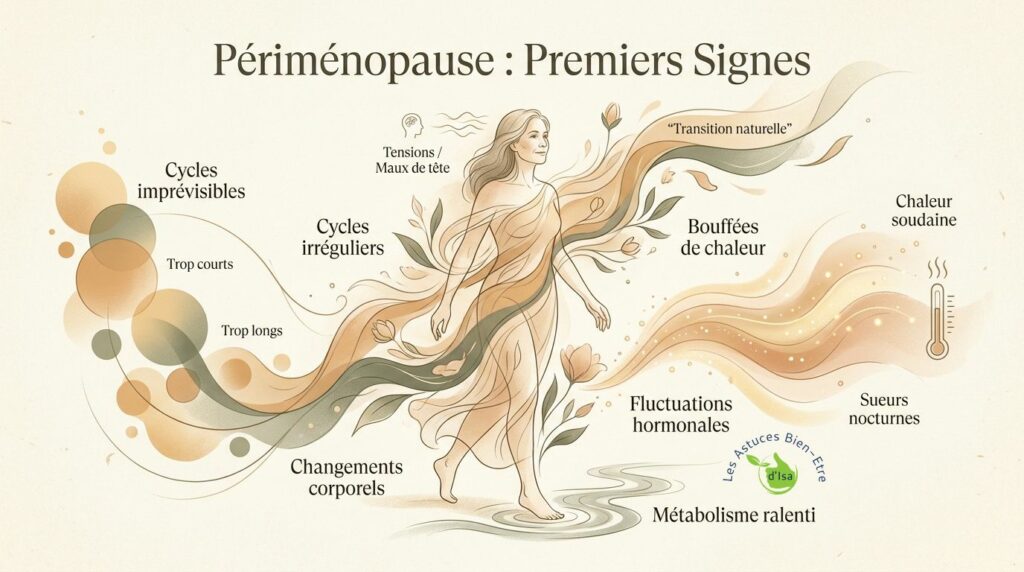 Infographie des premiers signes de périménopause : cycles irréguliers, bouffées de chaleur et fluctuations hormonales