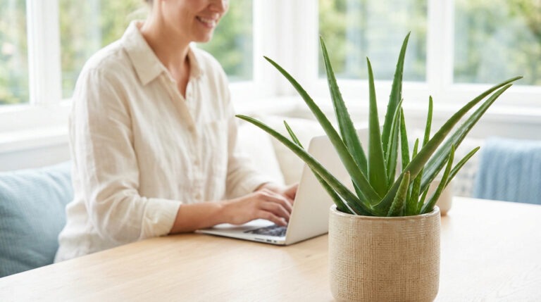 Femme qui travaille sur son ordinateur à domicile avec une plante d'aloès sur son bureau