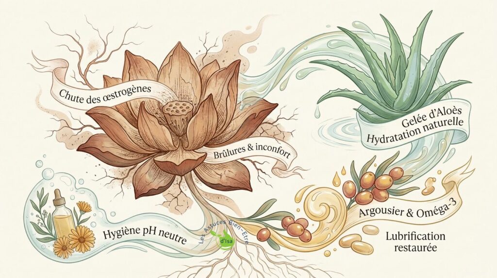 dessin des remèdes naturels pour la sécheresse vaginale : gelée aloès, argoutier et oméga 3