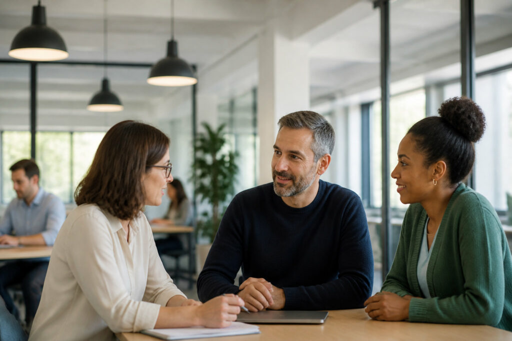 Trois collègues échangeant autour d'une table, illustrant l'accompagnement dans le cumul VDI Forever Living