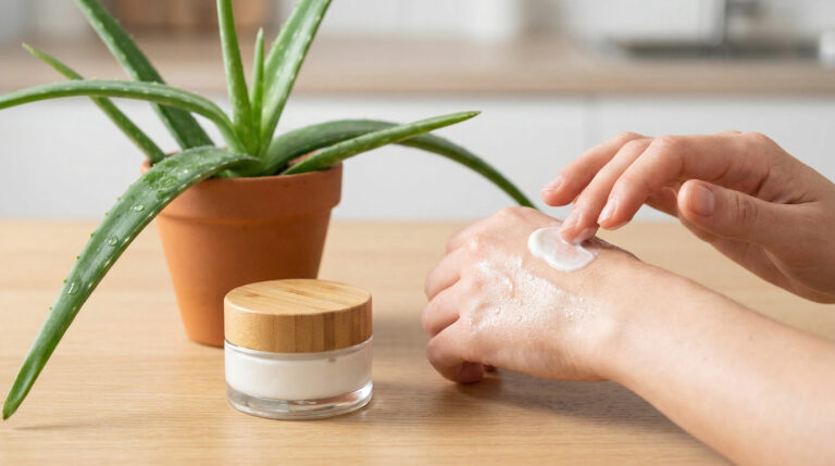 crème visage aloe vera, application quotidienne près d'un plant d'aloe vera
