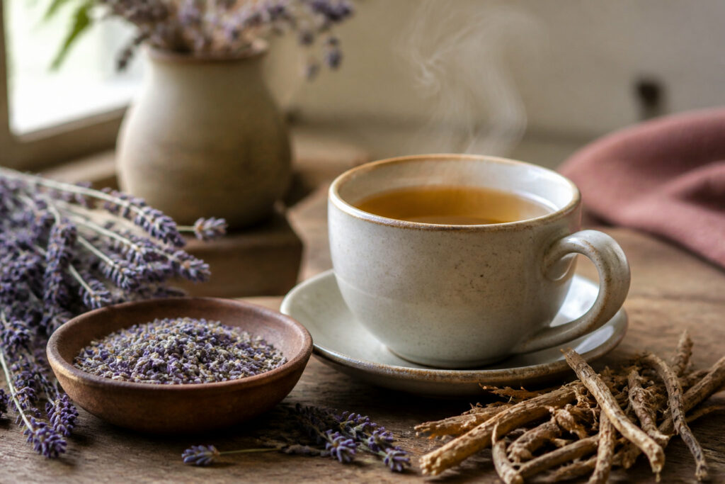 Tasse de tisane fumante à la lavande et à la valériane, plantes apaisantes pour les nuits difficiles
