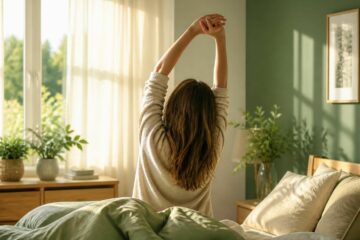Femme s'étirant les bras au réveil dans une chambre lumineuse et végétalisée
