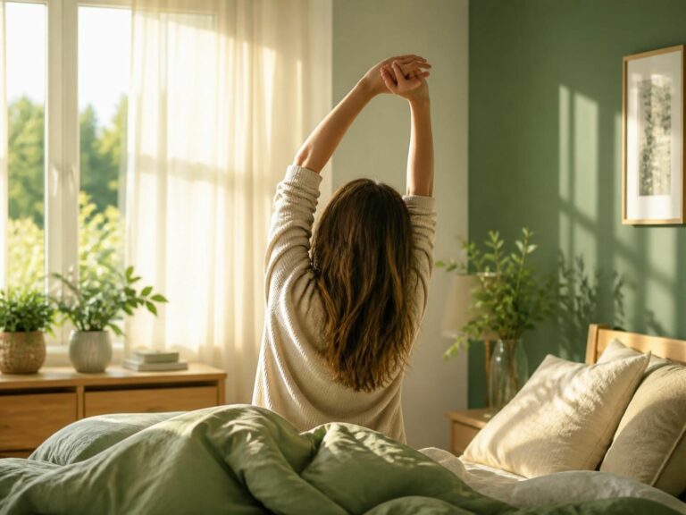 Femme s'étirant les bras au réveil dans une chambre lumineuse et végétalisée
