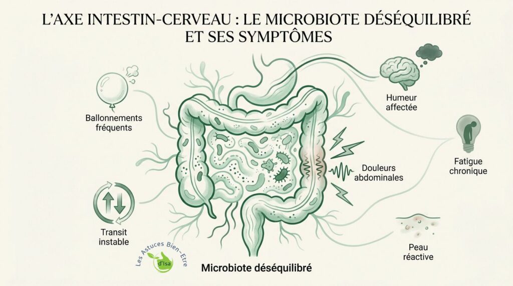 Infographie de l'axe intestin-cerveau : ballonnements, transit instable, fatigue chronique, douleurs abdominales, peau réactive et humeur affectée liés à un microbiote déséquilibré